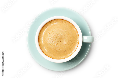 Fotografia blue coffee cup top view closeup isolated on white background.