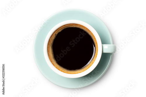 blue coffee cup top view closeup isolated on white background.