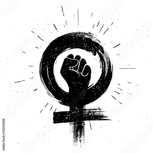 Vector illustration women resist symbol. Raised fist icon. Female gender and  feminism logo design.