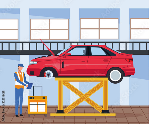 car workshop scenery with lifted car and mechanic supervising