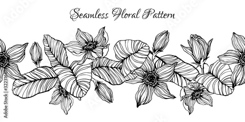 Seamless floral monochrome pattern with decorative flowers and leaves. Vector illustration,
