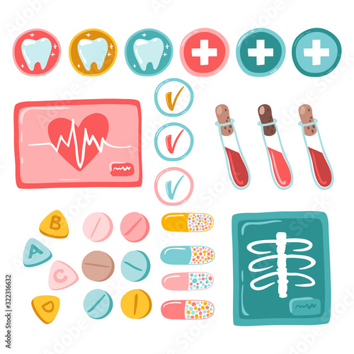Medical Set of sticker analyzes and examinations. Isolated flat vector illustration in simple cartoon style on a white background. Ideal for planner.