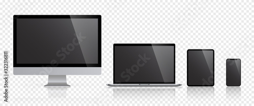 Realistic set of computer monitors desktop laptop tablet and phone reflect with black screen and checkerboard background v3. Isolated illustration vector illustrator Ai EPS