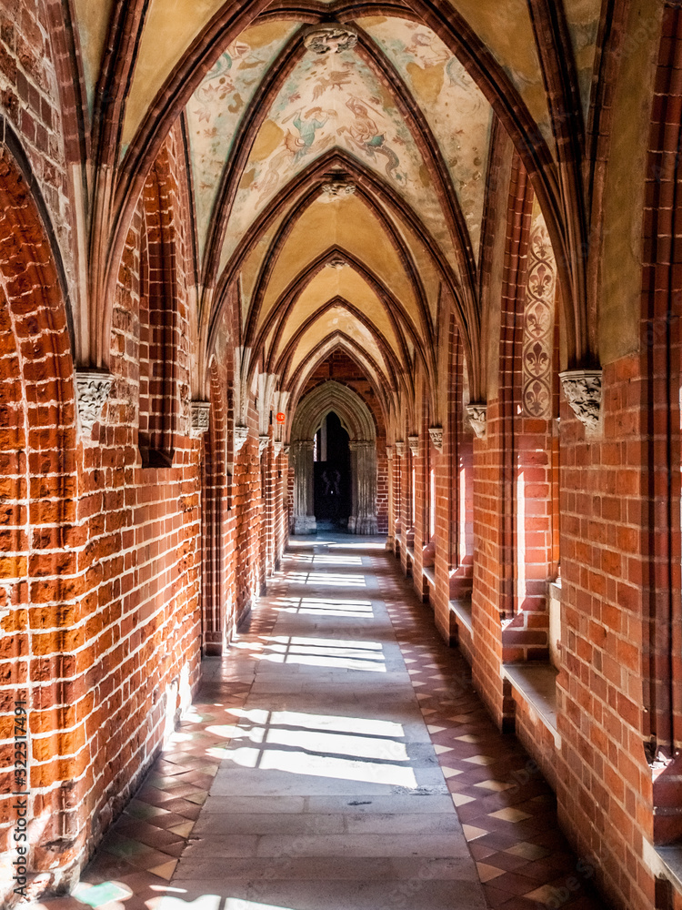 Ornamental brick corridor of Teutonic Malbork Caste, Poland