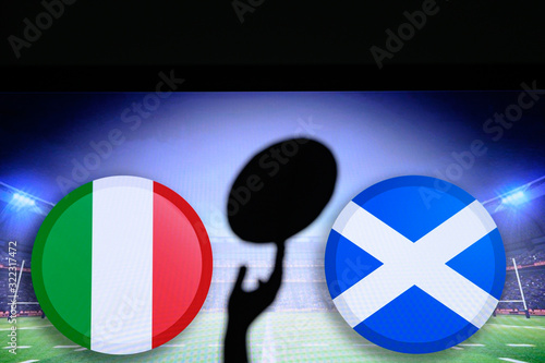 Italy vs Scotland, Six nations Rugby match, Rugby ball in hand silhouette photo