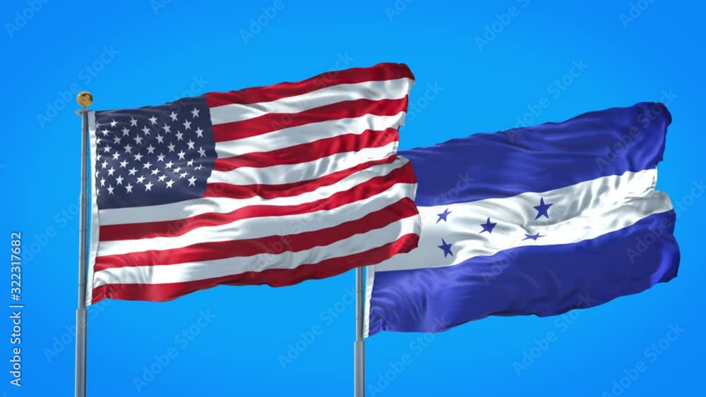 Honduras and United States flag waving in deep blue sky together. High