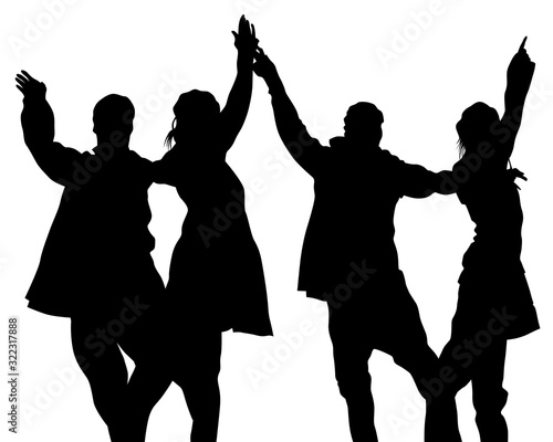 Artists on stage dance and raise their hands up. Isolated silhouettes on a white background