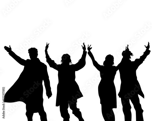 Artists on stage dance and raise their hands up. Isolated silhouettes on a white background