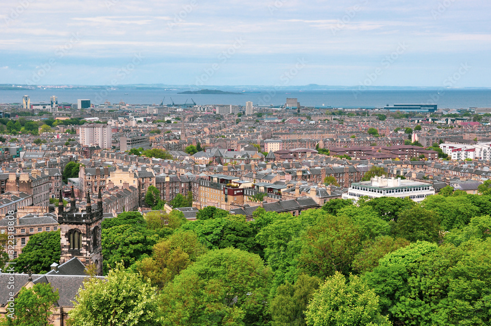 Cityscape shot of Edinburgh city, Leith district and harbour taken from Calton Hill