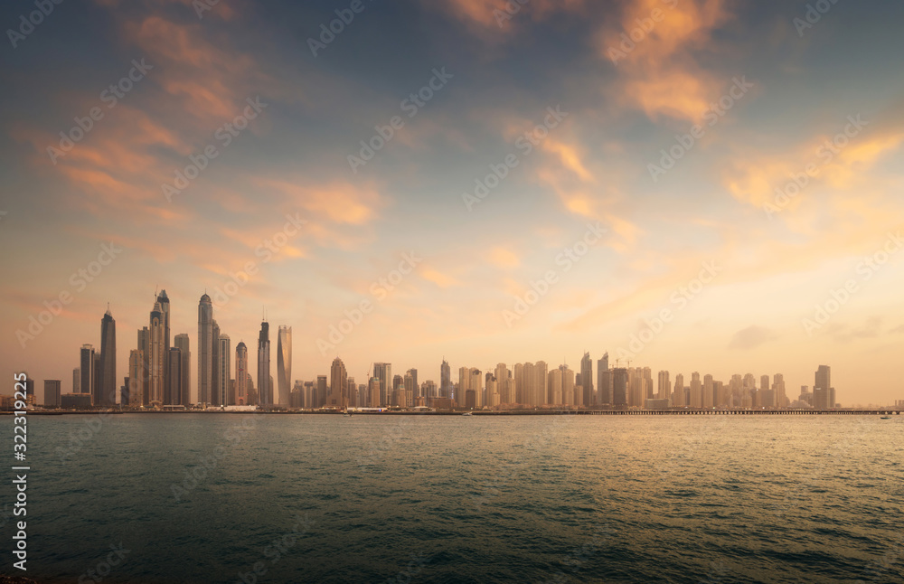 skyscrapers in Dubai Marina, sunset time, UAE