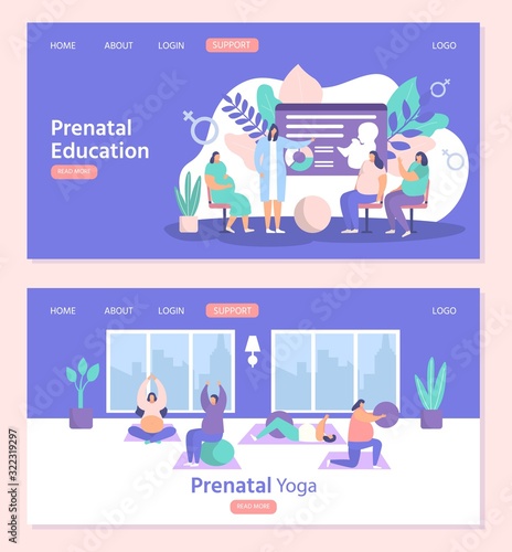 Pregnant women exercises fitness, yoga and prenatal education vector illustration websites page template set. Pregnancy gymnastic activity classes, preparation for childbirth, care internet banners.
