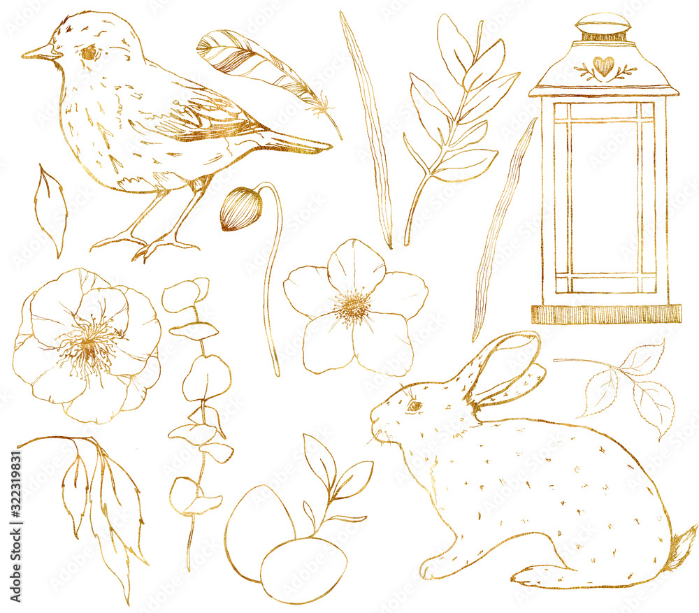 Obraz Akwarela złoty zestaw z kwiatami i latarnią. Ręcznie malowany anemon sztuki linii, królik, ptak i liście na białym tle. Ilustracja wiosna botaniczna do projektowania, drukowania lub tła.