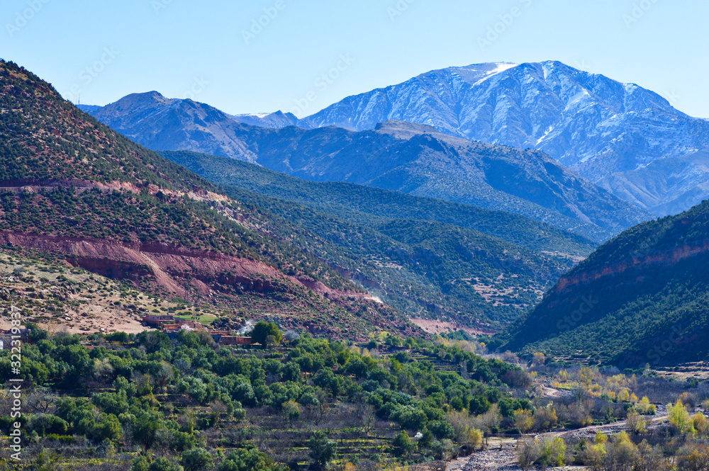 High atlas mountains including mount ain Jabal Toubkal from Imlil and the valley around in Morocco