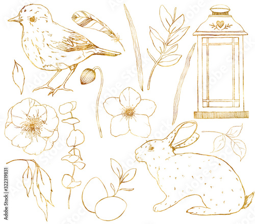 Obraz na płótnie Akwarela złoty zestaw z kwiatami i latarnią. Ręcznie malowany anemon sztuki linii, królik, ptak i liście na białym tle. Ilustracja wiosna botaniczna do projektowania, drukowania lub tła.