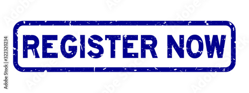 Grunge blue register now word rubber seal stamp on white background