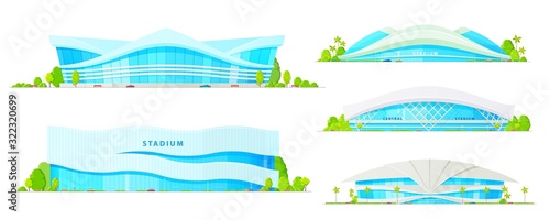 Stadium building icons with vector sport arenas of soccer, football, basketball, baseball and ice hockey with play fields, rinks, athletic tracks and modern glass facades. Sporting architecture themes