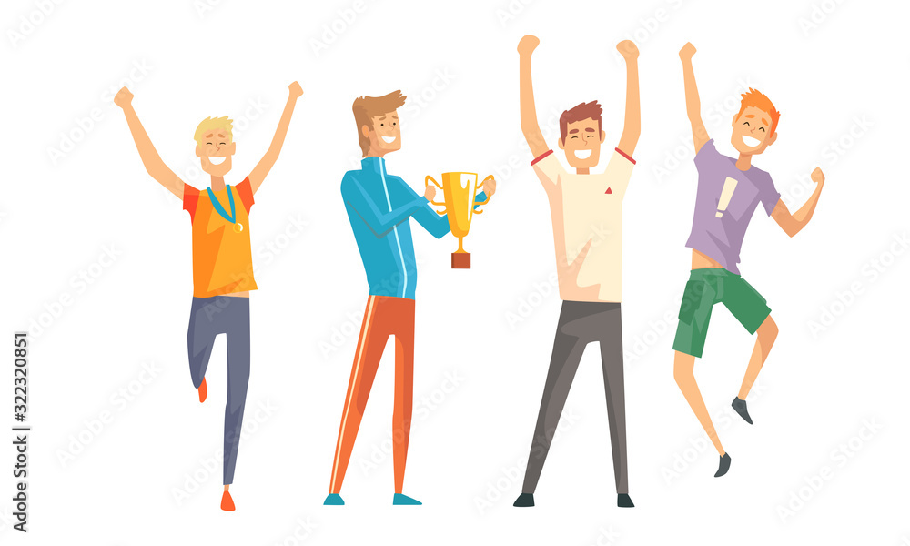 Cheerful Successful Men Characters Set, Sportsmen and Guys in Casual Clothes Celebrating Victory Vector Illustration