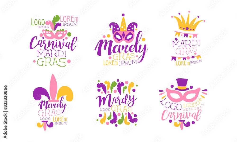 Mardi Gras Logo Design Templates Collection, Colorful Carnival Festive Labels Vector Illustration Mardi Gras Logo Design Templates Collection, Colorful Carnival Festive Labels Vector Illustration