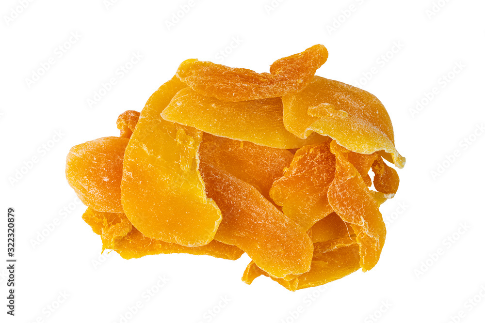 Top view of pile of slice dehydrated mango on white background with clipping path. Top view of pile of slice dehydrated mango on white background with clipping path.