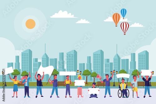 activists people with protest banners and megaphone