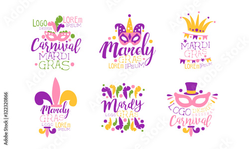 Mardi Gras Logo Design Templates Collection, Colorful Carnival Festive Labels Vector Illustration