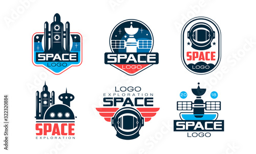 Space Logo Design Templates Collection, Space Adventure, Cosmos Exploration Labels Vector Illustration