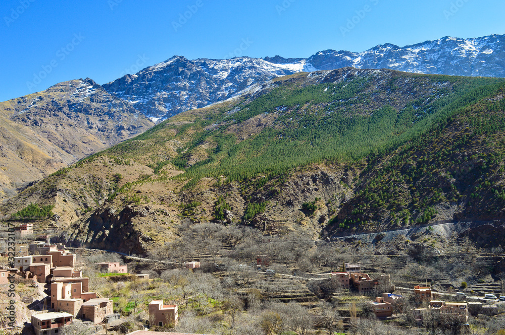 High atlas mountains including mount ain Jabal Toubkal from Imlil and the valley around