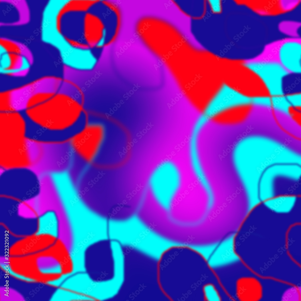 Fototapeta Seamless abstract pattern of blurry colored lines and spots. Blue, red, pink on a turquoise background.