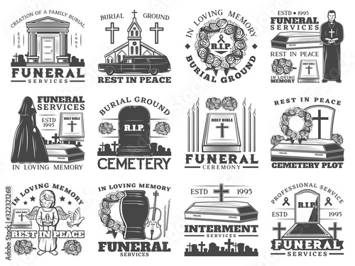 Funeral service icons with coffins and cemetery tombstones vector design of burial, cremation and interment memorial ceremony. Urn, Bibles and flower wreath, grave crosses, candles, church, priest
