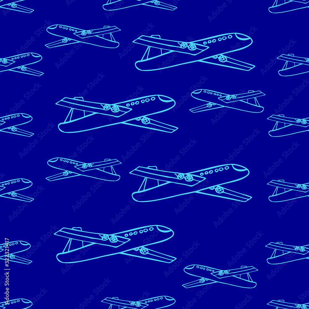 Vector illustration. Seamless bright pattern in the form of airplanes. Design of wallpaper, covers, print of clothes.
