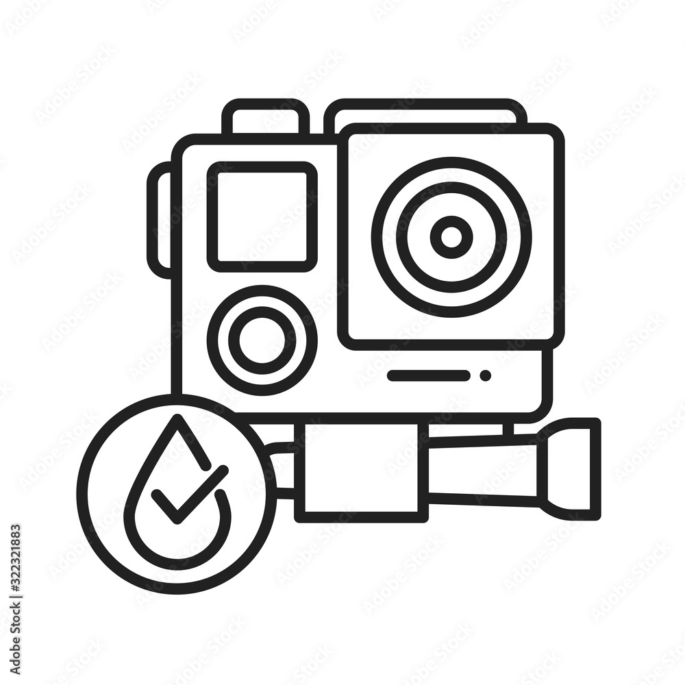 Waterproof action camera black line icon. Water repellent electronic device concept. Pictogram for web page, mobile app, promo. UI UX screen. User interface display. Editable stroke. Waterproof action camera black line icon. Water repellent electronic device concept. Pictogram for web page, mobile app, promo. UI UX screen. User interface display. Editable stroke.