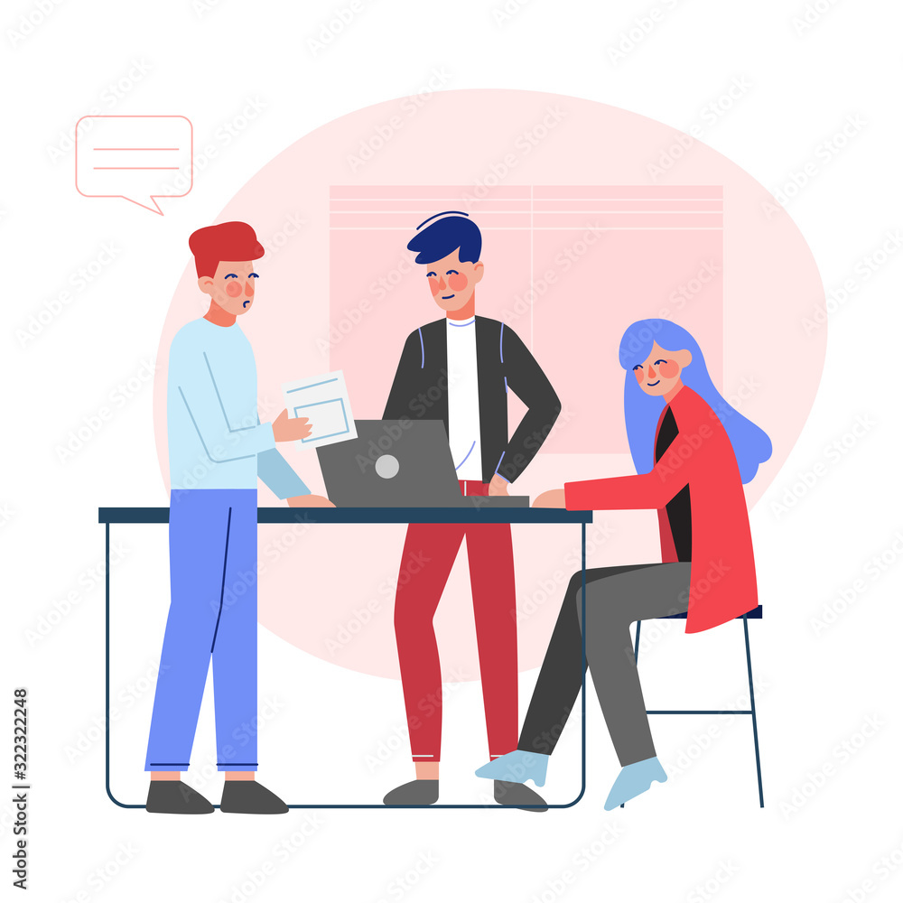 Business Colleagues Working Together, Office Characters Meeting and Communicating in Coworking Space Vector Illustration Business Colleagues Working Together, Office Characters Meeting and Communicating in Coworking Space Vector Illustration