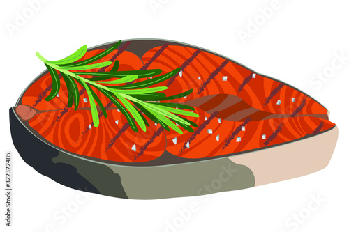 Vector illustration. Grilled fish, fresh salmon steak on a white background. Trout filet for cooking healthy food, seafood with omega butter, design element for menu or promotional