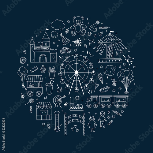 Amusement park round concept on dark background. Vector set of festival and carnival icons and illustrations
