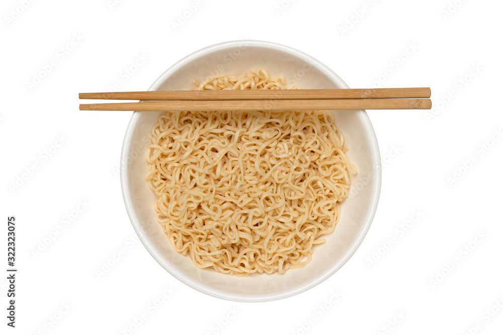 Instant Noodles in ceramic bowl with chopsticks. Instant Noodles in ceramic bowl with chopsticks top view isolated on white background. Instant Noodles in ceramic bowl with chopsticks. Instant Noodles in ceramic bowl with chopsticks top view isolated on white background.