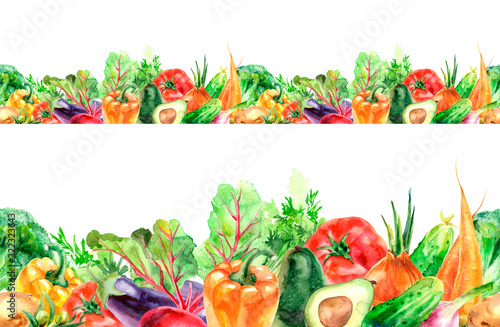 Watercolor illustration of seamless borders, ribbons, vegetables.