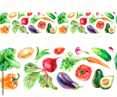 Fototapeta Naklejka Na Ścianę i Meble -  Watercolor pattern of seamless borders, ribbons, vegetables.