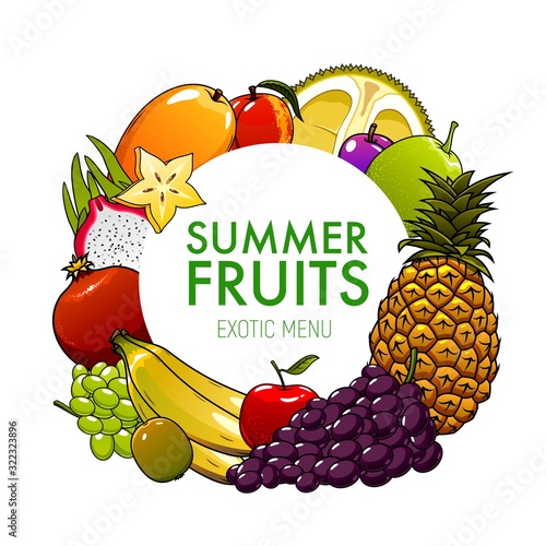 Exotic fruits vector icon of tropical pineapple, mango and banana, apple, green and blue grapes, durian, kiwi and plum, carambola and dragon fruit. Berries frame, natural juice and food menu design