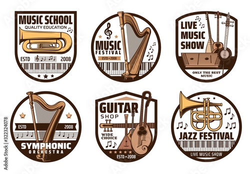 Music instrument, musical note and treble clef vector badges. Classical piano, trumpet, harp and tuba, ethnic japanese shamisen, russian balalaika and indian sitar retro icons, jazz and folk festival