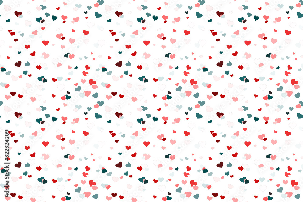 Abstract seamless background with multi-colored hearts on white canvas. Romantic pattern for Valentine's day. Festival of random falling and spinning confetti.