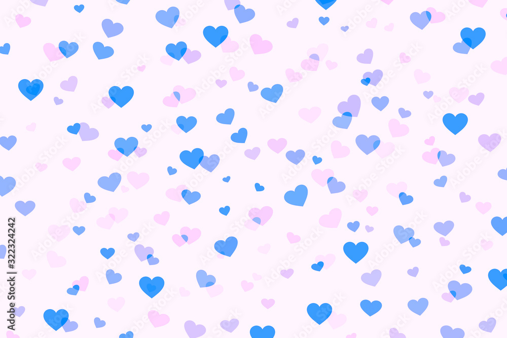 Abstract background with blue and pink hearts on white for valentines day. Romantic pattern for Valentine's day.