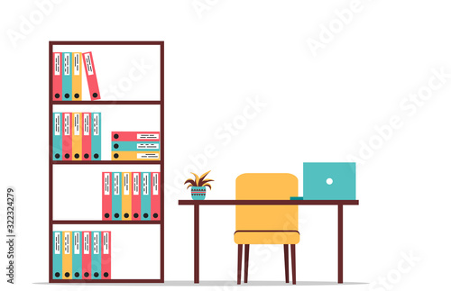 Empty office workplace with laptop and bookcase with folders. Cabinet. Vector illustration on an isolated background.