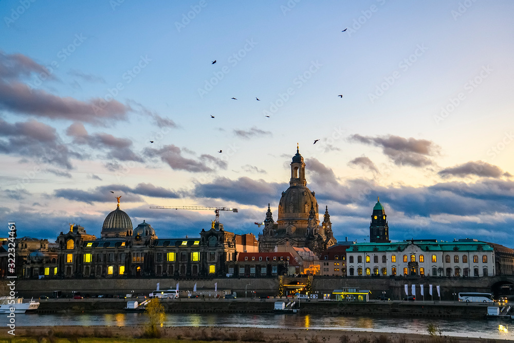 Evening view to cityscape of Dresden, Saxony, Germany. November 2019