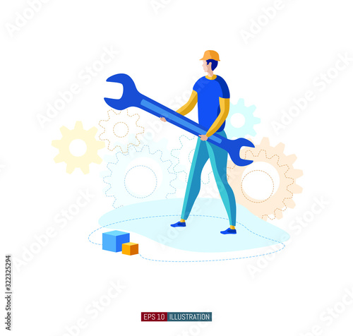 Trendy flat illustration. A man in a helmet with a wrench. Symbol of repair and restoration equipment. Workshop. Service. Warranty. Template for your design works. Vector graphics.