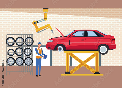 car workshop scenery with car lifted, car tires rack and mechanic supervising