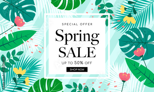 Spring Sale Background Banner Vector illustration. Beautiful flower forest frame on green striped 