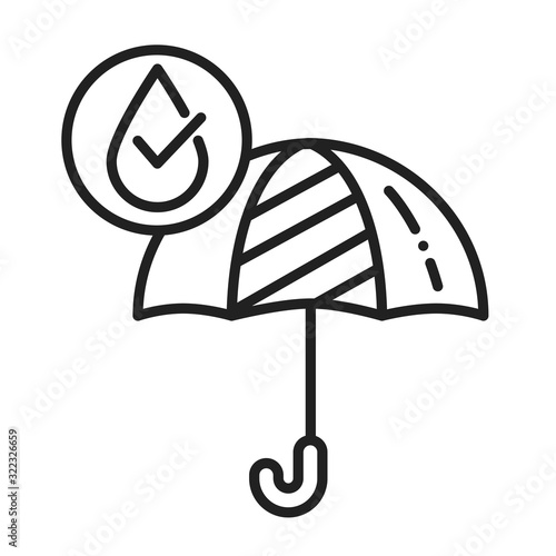 Waterproof open umbrella black line icon. Water repellent fashion accessory concept. Impermeable tool sign. Pictogram for web page, mobile app, promo. UI UX GUI design element.