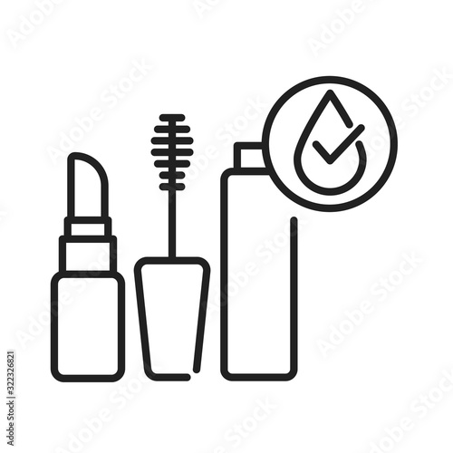 Waterproof cosmetic black line icon. Water repellent mascara and lipstick concept. Make up protection sign. Pictogram for web page, mobile app, promo. UI UX GUI design element.