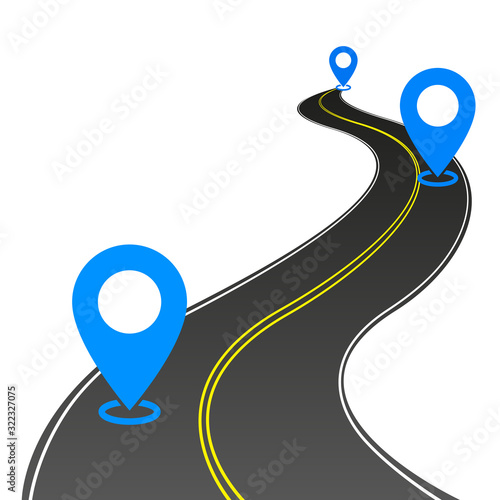 abstract curved asphalt road with double yellow line in middle and blue location tags on it