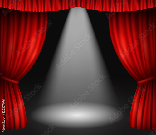 Theater stage with red curtains and spotlight. Vector background with open velvet drapes and beam of seachlight in dark. Illustration of empty podium in cinema, opera, drama performance or show